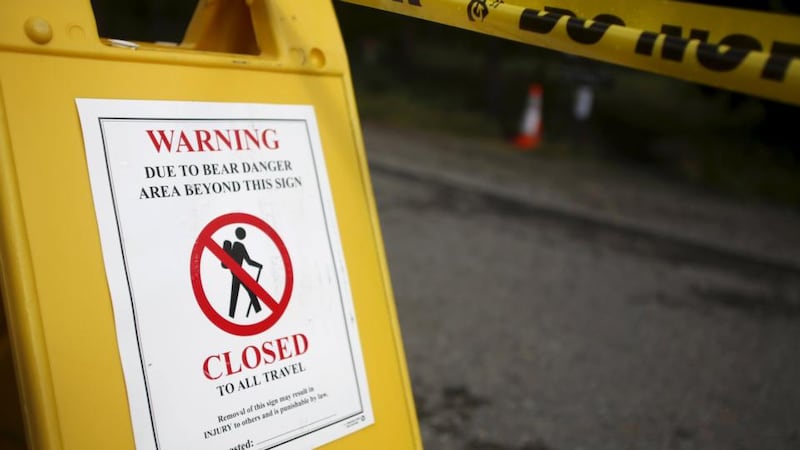 A sign is seen at the Elephant Back Loop Trailhead which is temporarily closed to travel in Yellowstone National Parkafter a hiker was attacked and killed by a bear. Photograph: Jim Urquhart/Reuters
