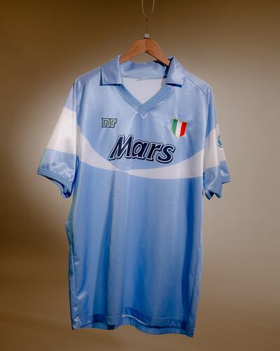 A jersey from Diego Maradona's troubled stay at Napoli in the late 1980s at Classic Football Shirts in Hyde. Photograph: Jack Roe/The New York Times