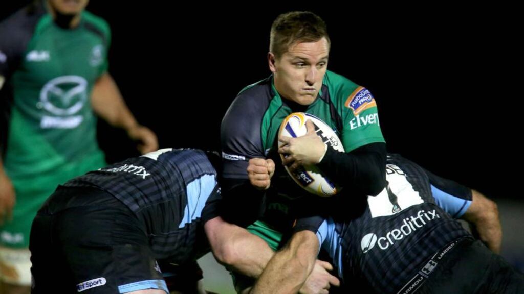 Connacht’s Paul O’Donohoe is tackled by Jon Welsh and Gordon Reid of GlasgowWarriors at the Sportground.  Photograph: Ryan Byrne/Inpho