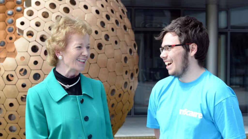 Mary Robinson with Trócaire volunteer Daniel Cullen  at Maynooth University in June for a two-day conference on climate change. Photograph: Eric Luke