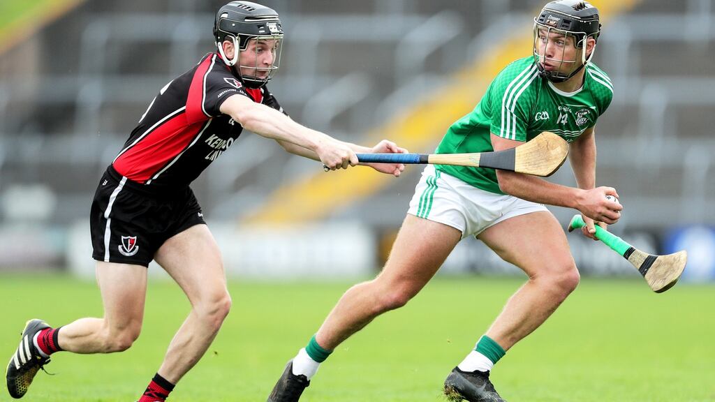 Naomh Eanna’s Conor McDonald (right) in action against Conor Goff of Oulart-The Ballagh during the Wexford SHC semi-final at Chadwicks Wexford Park. Photograph: Laszlo Geczo/Inpho