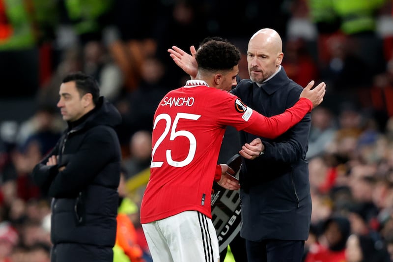 Jadon Sancho of Manchester United and manager Erik Ten Hag. Photograph: David S. Bustamante/Soccrates/Getty