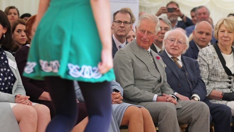President Michael D Higgins and the Prince of Wales watch members of the Celtic Flair Irish Dance Troupe at the Glencree Centre for Peace & Reconciliation in Co Wicklow. Photograph: Nick Bradshaw