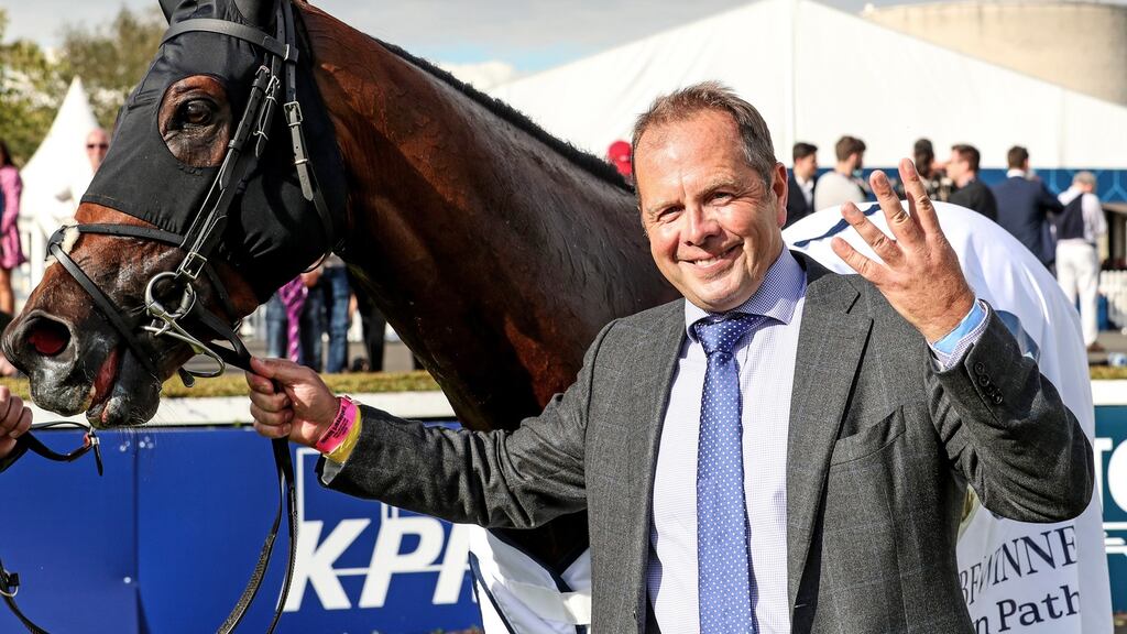 Trainer Ger Lyons with Masen after completing a four-timer at the Irish Champions Weekend at Leopardstown. Photograph: Caroline Norris/Inpho