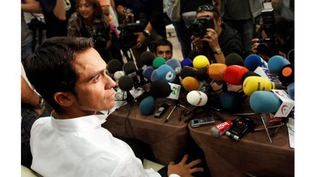 Alberto Contador addresses reporters at this afternoon’s press conference. Photograph: Sergio Perez/Reuters