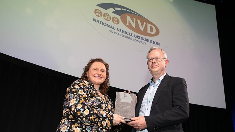 Dr Alison Connolly, Awards Judge, presents the Health & Safety Excellence Award - Transport to Niall McNally, NVD.