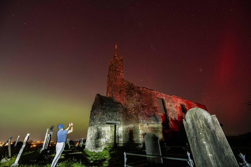 The Northern Lights visible at St. Matthews Templebreedy Church and Graveyard, Crosshaven, Co. Cork. Photograph: Joleen Cronin