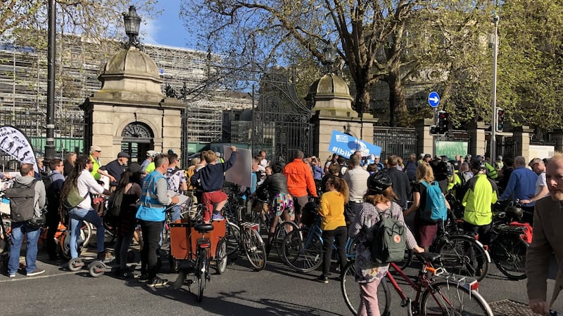 Dozens of cyclists attended a demonstration outside Dáil Éireann on Wednesday seeking political support for investment in infrastructure. Photograph: Mark Hilliard/Irish Times