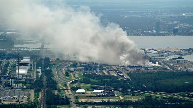A chemical fire burns near Lake Charles in the aftermath of Hurricane Laura. Photograph: David Phillip/AP.