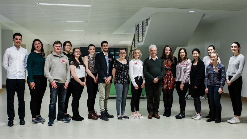 Young aspiring scientists and members of UCD Biological Society with Sir Paul Nurse at UCD Belfield. Photograph: Aoife O’Sullivan