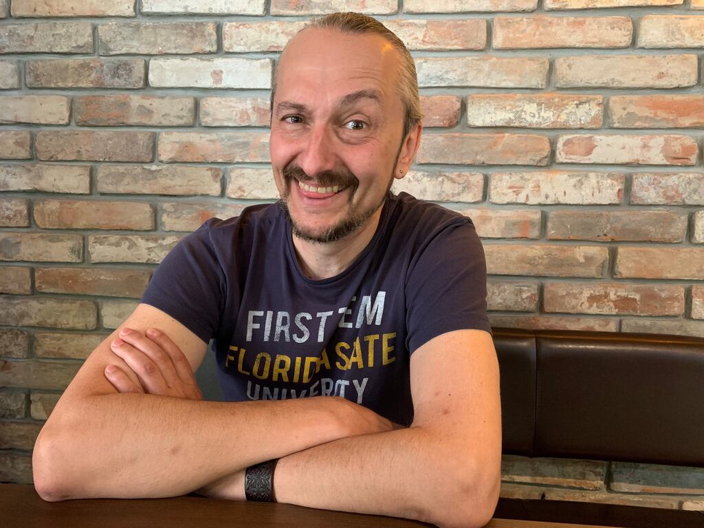 Taras Borovok: ‘Our brotherly friend from America scared the Russians so bad they farted smoke’ opens his song about the US-made High Mobility Artillery Rocket Systems. Photograph: Lara Marlowe