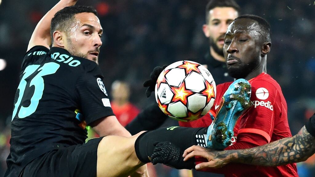 Naby Keita of Liverpool in action against Danilo D’Ambrosio of Inter Milan during the Champions League round of 16, second leg match at Anfield. Photograph: Peter Powell/EPA