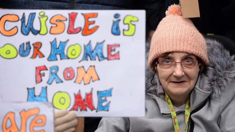 Carmel Hayden, from the CRC joined a protest outside Leinster House last week calling on Minister Finian McGrath to reverse the decision of the Irish Wheelchair Association to close Cuisle, Ireland’s national holiday and respite centre. Photograph: Dara Mac Donaill/The Irish Times