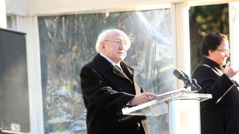 Michael D Higgins speaks at the Armistice Day centenary commemoration at Glasnevin Cemetery in Dublin. Photograph: Garrett White/Collins