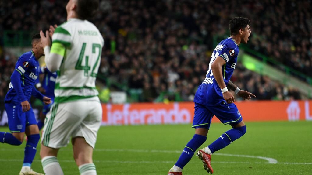 Bayer Leverkusen’s Piero Hincapie scores at Celtic Park. Photograph: Neil Hanna/Getty Images