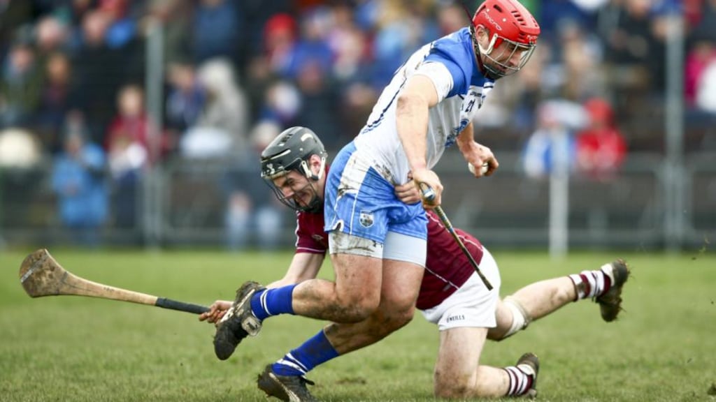 Waterford’s Séamus Prendergast is fouled by Galway’s Ronan Burke in their league clash at Walsh Park. Photograph: Ken Sutton/Inpho