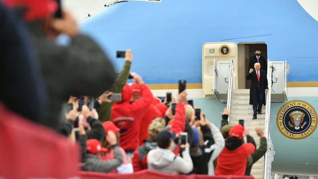 US president Donald Trump arriving to speak at a campaign rally in New Hampshire on Sunday. Photograph: Mandel Ngan/AFP via Getty Images