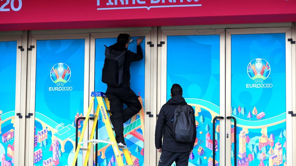 Final preparations are made ahead of the Euro 2020 draw at the Romexpo Exhibition Centre, Bucharest. Photograph: Mike Egerton/PA