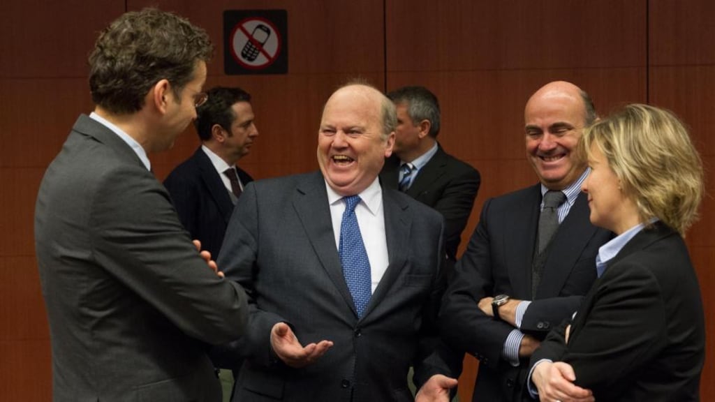 Minister for Finance Michael Noonan with Jeroen Djisselbloem (left, president of the Eurogroup), Luis de Guindos (Spanish economy minister) and Maria Luis Albuquerque (Portuguese finance minister). Photograph: Peter Cavanagh