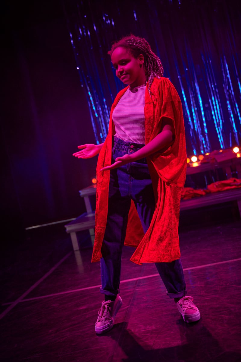 Naomi Moonveld-Nkosi as Kyla: ‘My character is more organised, so I have these high-waisted jeans rolled up and nice sneakers.’ Photograph: Ros Kavanagh