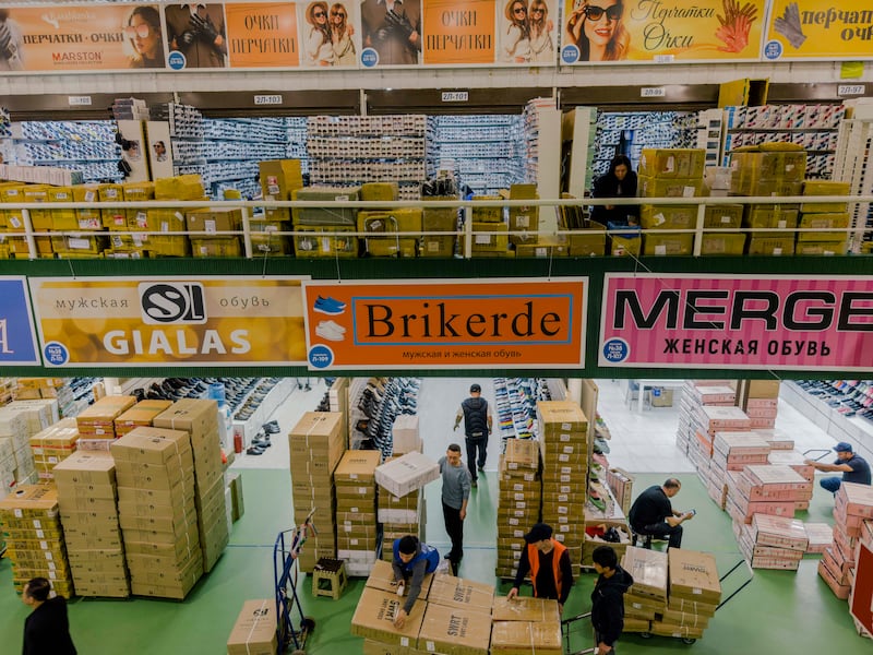A market where many people from Central Asian countries, such as Tajikistan, work in the suburbs of Moscow. Photograph: Nanna Heitmann/New York Times