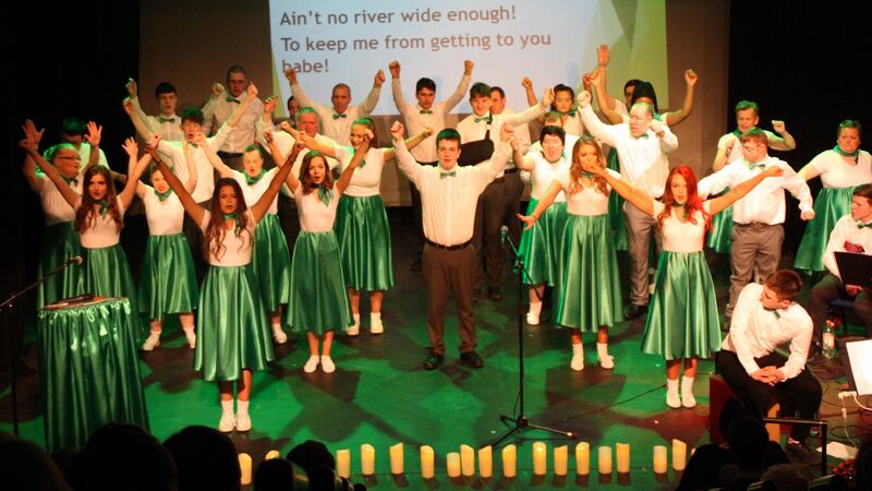 The ensemble of Prosper Players and St Joseph’s Secondary School TY students on stage at the Millbank Theatre, Rush, Co Dublin, last April. Photograph: Bill McMahon/Prosper Fingal