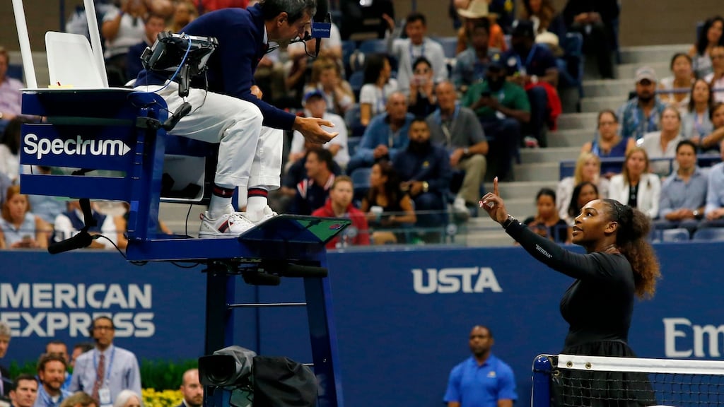 Serena Williams argues with chair umpire Carlos Ramos while playing Naomi Osaka of Japan during their US Open women’s singles final match in New York. Photograph: Eduardo Munoz Alvarez/AFP/Getty