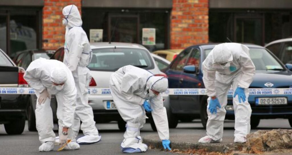 Members of the Gardai and Crime Scene Investigation team examine the scene on St Dominick’s Road, Tallaght this morning where a man was shot outside a gym last night at around 10 pm..The man was taken to hospital where he is currently fighting for his life..Picture Colin Keegan, Collins Dublin.