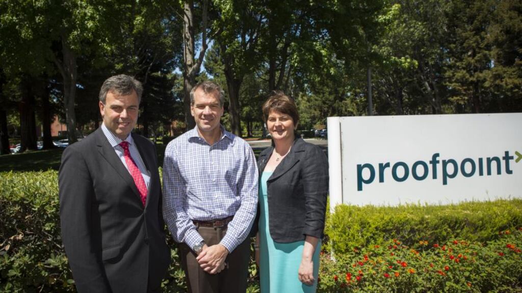 US based Proofpoint is investing more than £6 million in Northern Ireland and creating 94 new jobs. Arlene Foster is pictured at Proofpoint’s global headquarters in Sunnyvale, California, with CEO Gary Steele and, left, Alastair Hamilton, chief e6xecutive, Invest NI.