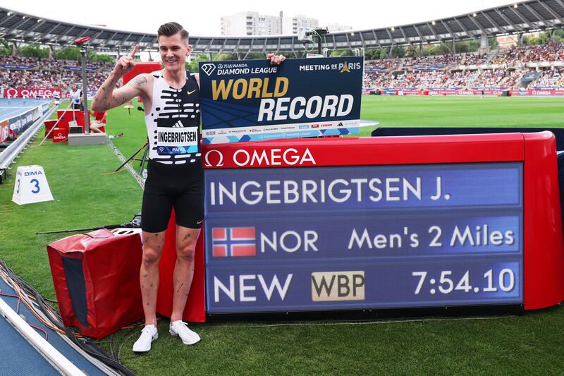 Jakob Ingebrigtsen after setting a new Men's two-mile world record in Paris on June 9th, 2023. Photograph: Dean Mouhtaropoulos/Getty Images