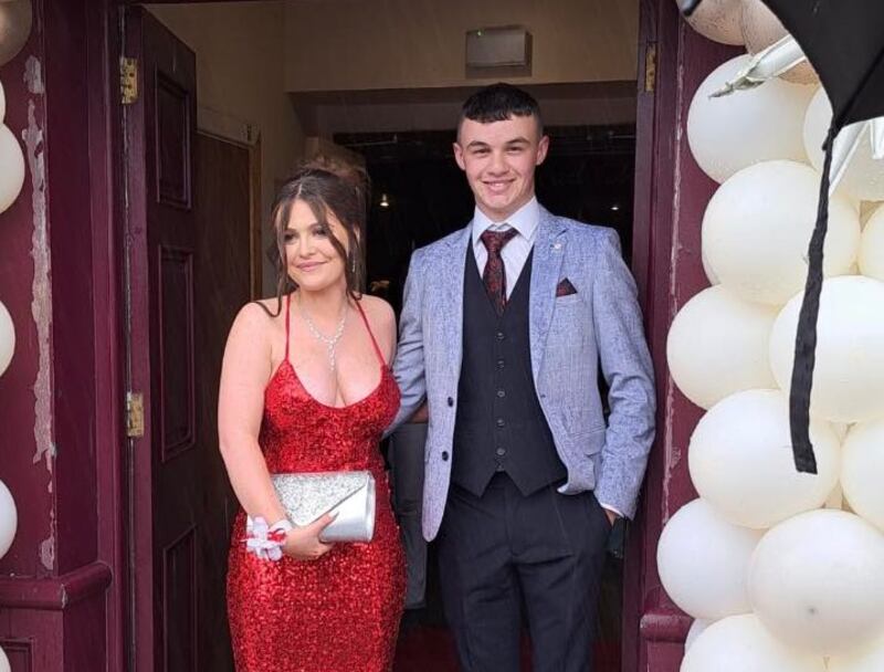 Kiea McCann, who died in Monday night’s crash in Co Monaghan, pictured with her date for the debs ball, Oisín Clerkin (18) in Clones. Oisín shared the photograph, which was taken hours before the crash, on his Facebook page on Wednesday afternoon.