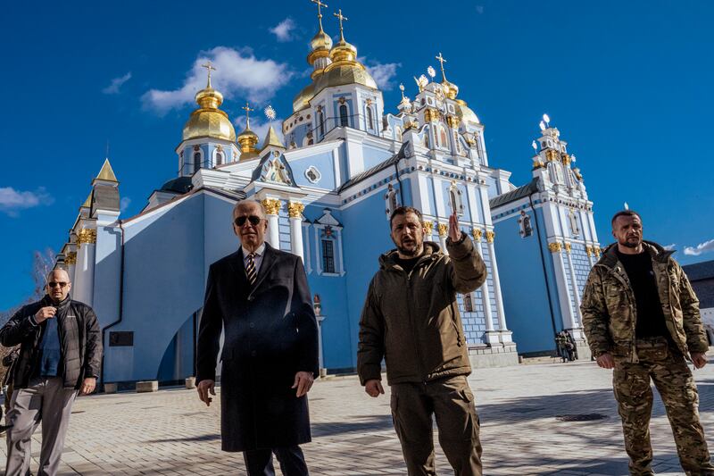 US president Joe Biden and Ukrainian president Volodymyr Zelenskyy at St.Michael’s Golden-Domed Monastery in Kyiv, the capital of Ukraine, in February. Photograph: Daniel Berehulak/New York Times