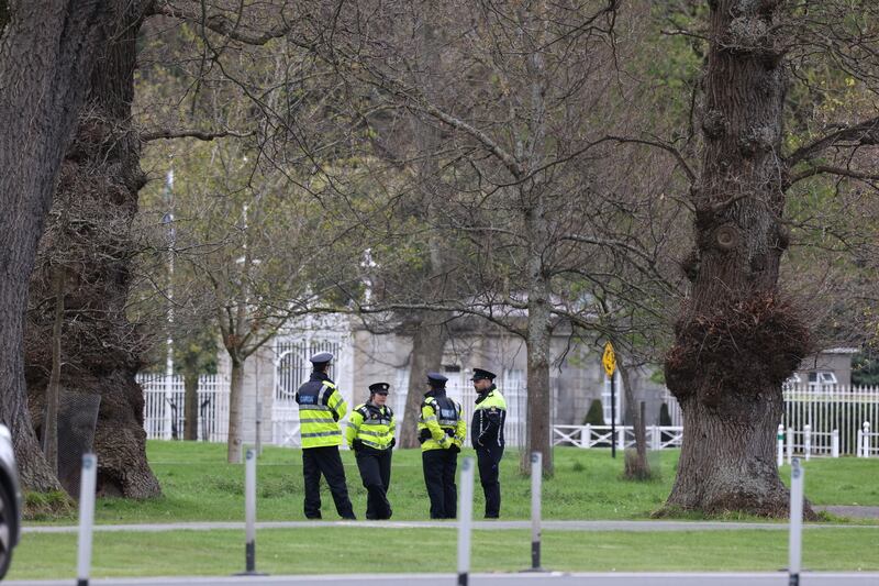 Gardaí at Dublin’s Phoenix Park on Tuesday as security measures are being ramped up ahead of the visit of US president Joe Biden. Photograph: Nick Bradshaw