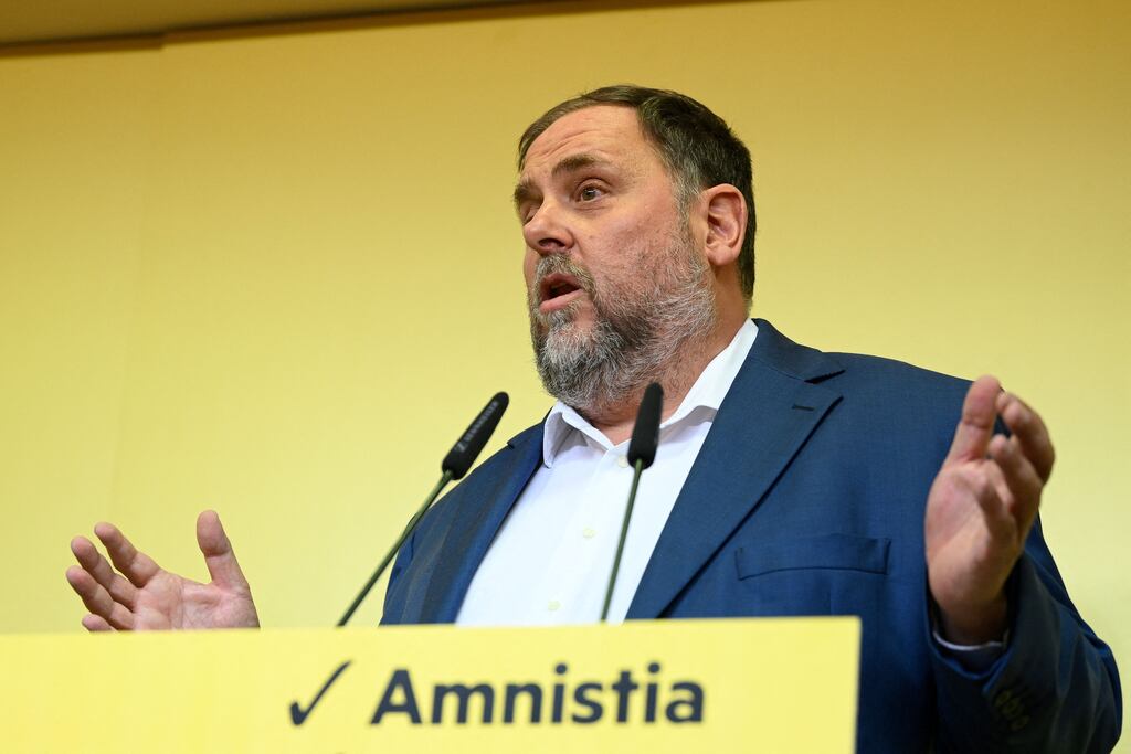 Former deputy head of the Catalan government and president of the ERC party Oriol Junqueras addressing a press conference at the party's headquarters on Thursday after reaching a Catalan amnesty deal in Barcelona. Photograph: Josep Lago/AFP