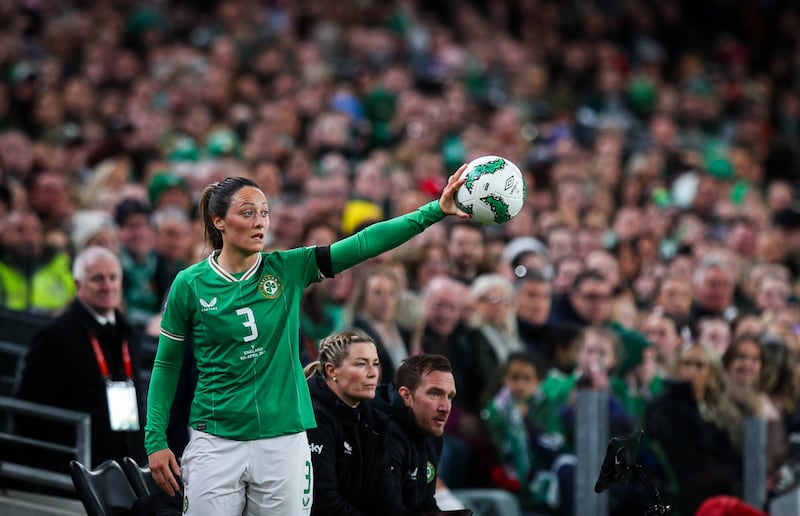 Ireland’s Megan Campbell prepares to take a long throw-in vs England. Photograph: Ryan Byrne/Inpho