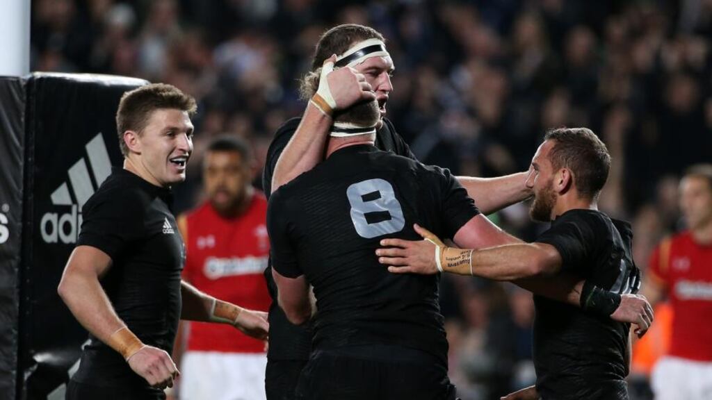 All Blacks captain and number eight Kieran Read is congratulated afetr scoring during New Zealand’s first Test win over Wales at Eden park. Photograph: Getty