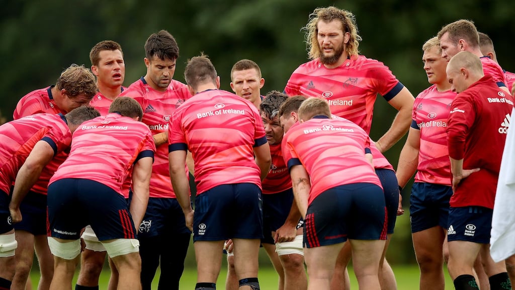 CJ Stander, Conor Murray, Keith Earls and RG Snyman speak during a Munster training session last week. Photo: Munster Rugby/Inpho