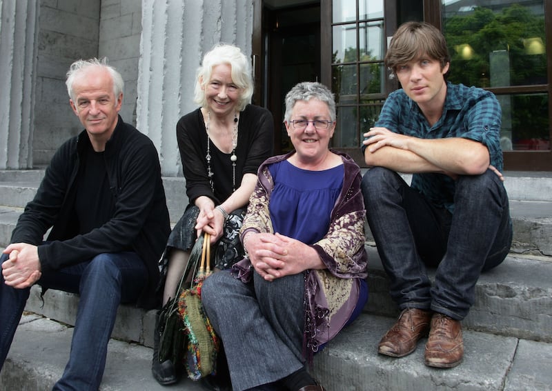 Druid founders Garry Hynes and Marie Mullen with actors Seán McGinely and Cillian Murphy at the Town Hall Theatre for the company's 35th birthday celebration in May 2010