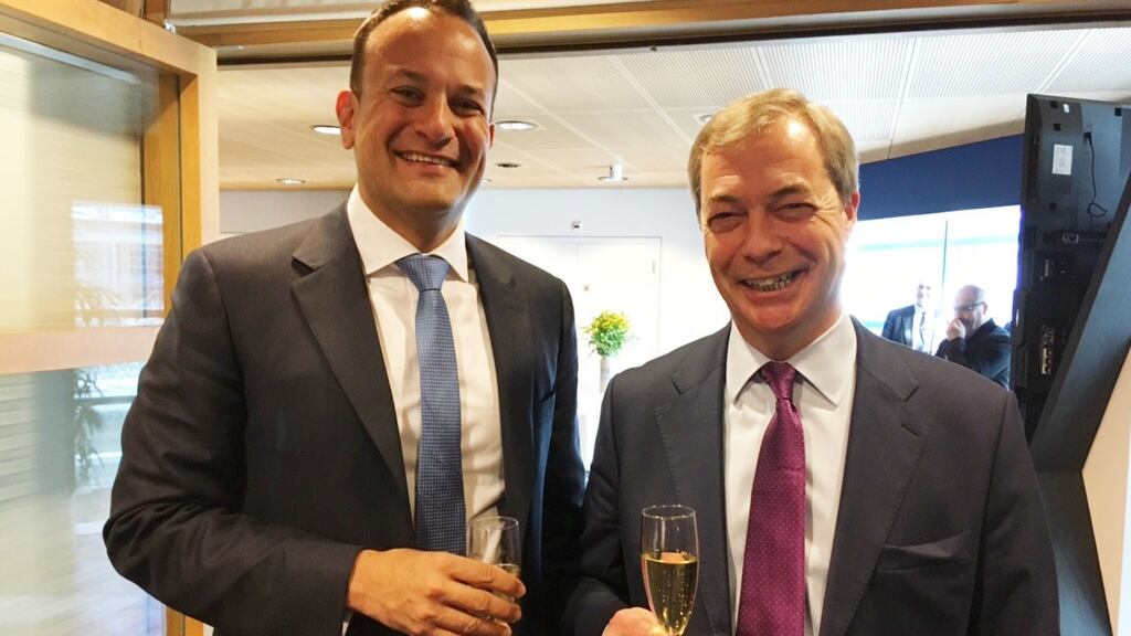Taoiseach Leo Varadkar and Nigel Farage at the European Parliament in Strasbourg. They both look very happy as they enjoy a pre-lunch glass of bubbly