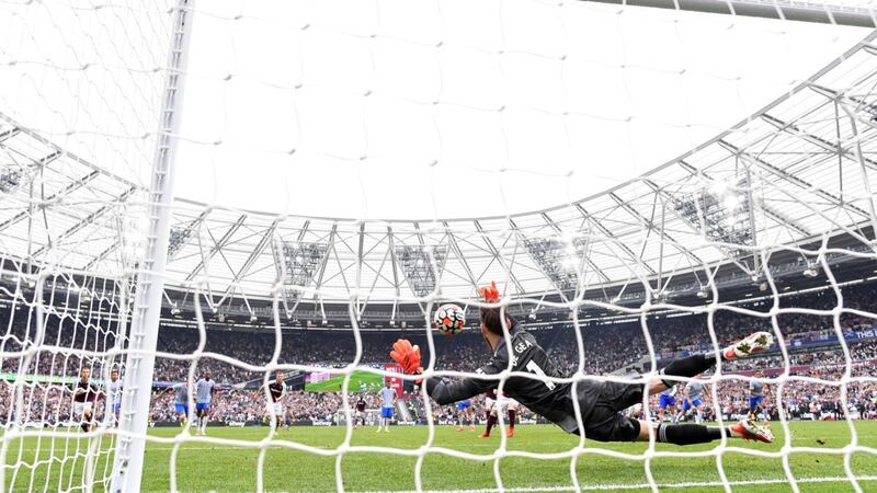 David de Gea saves Mark Noble’s last minute penalty in Manchester United’s 2-1 win over West Ham. Photograph: Justin Setterfield/Getty