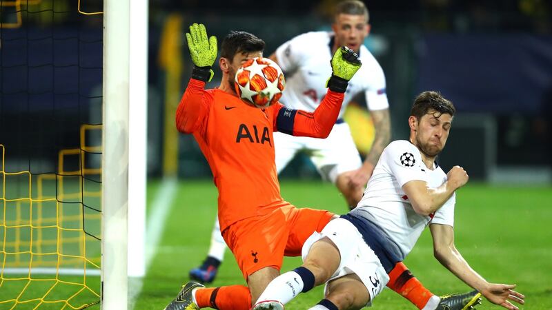 Tottenham Hotspur goalkeeper Hugo Lloris makes a save during the Champions League round of 16 second leg against Borussia Dortmund at the Westfalen Stadium. Photograph: Dean Mouhtaropoulos/Getty Images
