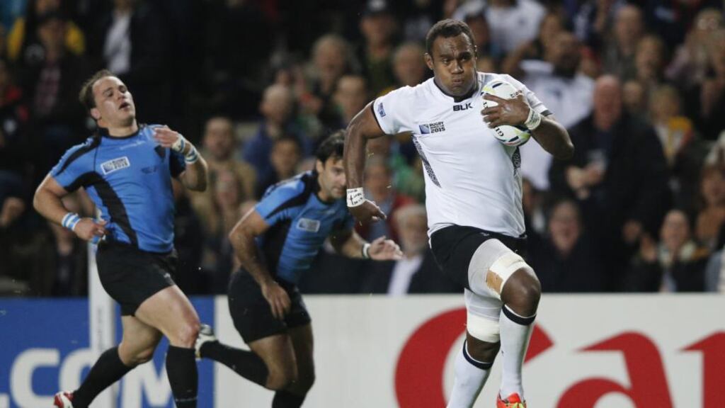 Fiji’s lock Leone Nakarawa runs in to score a try during the Pool A match against Uruguay at Stadium MK in Milton Keynes. Photograph: Adrian Dennis/AFP/Getty Images
