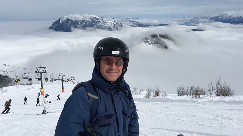 Paul Barnes, skiing with friends in Bavarian Alps, near Garmisch.