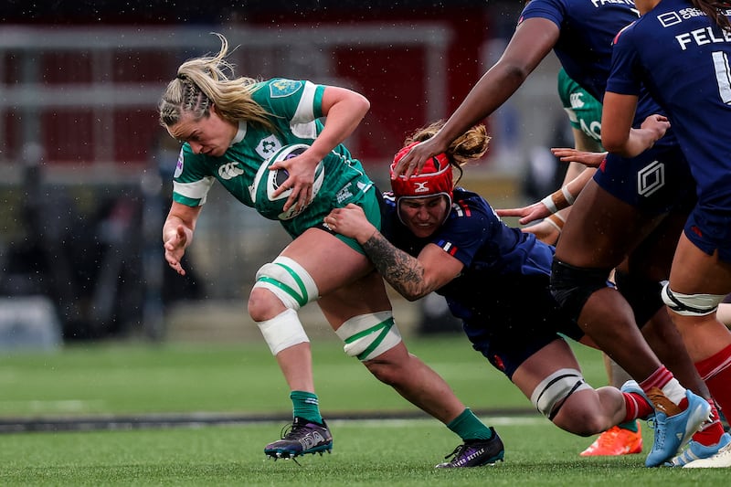 Ireland's Edel McMahon and France's Charlotte Escudero at a warm-up match in Belfast.
Photograph: INPHO/ Ben Brady