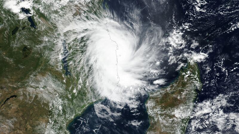 Tropical Cyclone Kenneth approaches the coast of Mozambique in this April 25th satellite image. Photograph: Nasa/Handout via Reuters