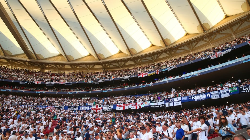 Tottenham Hotspur fans prior to the Champions League Final at the Estadio Wanda Metropolitano in Madrid. Photograph: Robbie Jay Barratt/ AMA/Getty Images