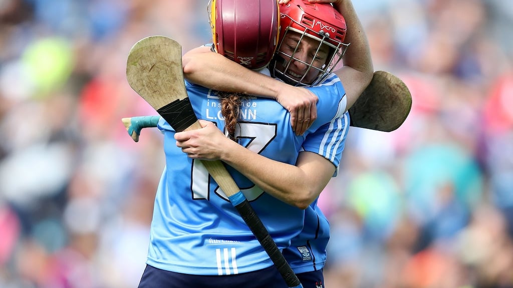 Dublin’s Laoise Quinn and Emer Keenan celebrate after beating Kerry in the Camogie Championship Final at Croke Park. Photograph: Bryan Keane/Inpho