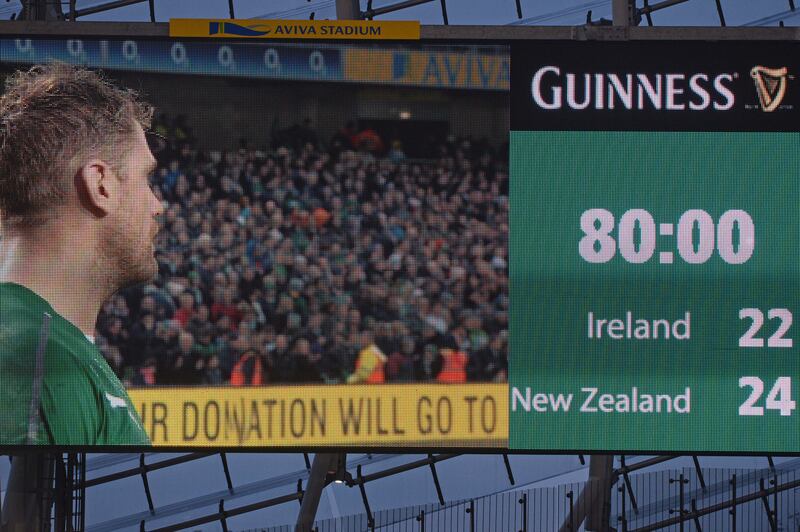 The scoreboard tells the final story as Ireland agonisingly lose to New Zealand in the game's last play at the Aviva Stadium in 2013. Photograph: Eric Luke