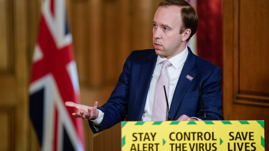 British health secretary Matt Hancock: Covid-19 testing programme is to expand as the death toll reached 34,796, up 160 since Sunday. Photograph: Andrew Parsons