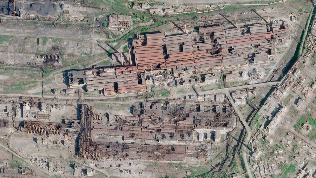 This satellite image from Planet Labs PBC shows the cratered Azovstal steelworks in Mariupol, Ukraine, on Sunday. Photograph: Planet Labs PBC via AP